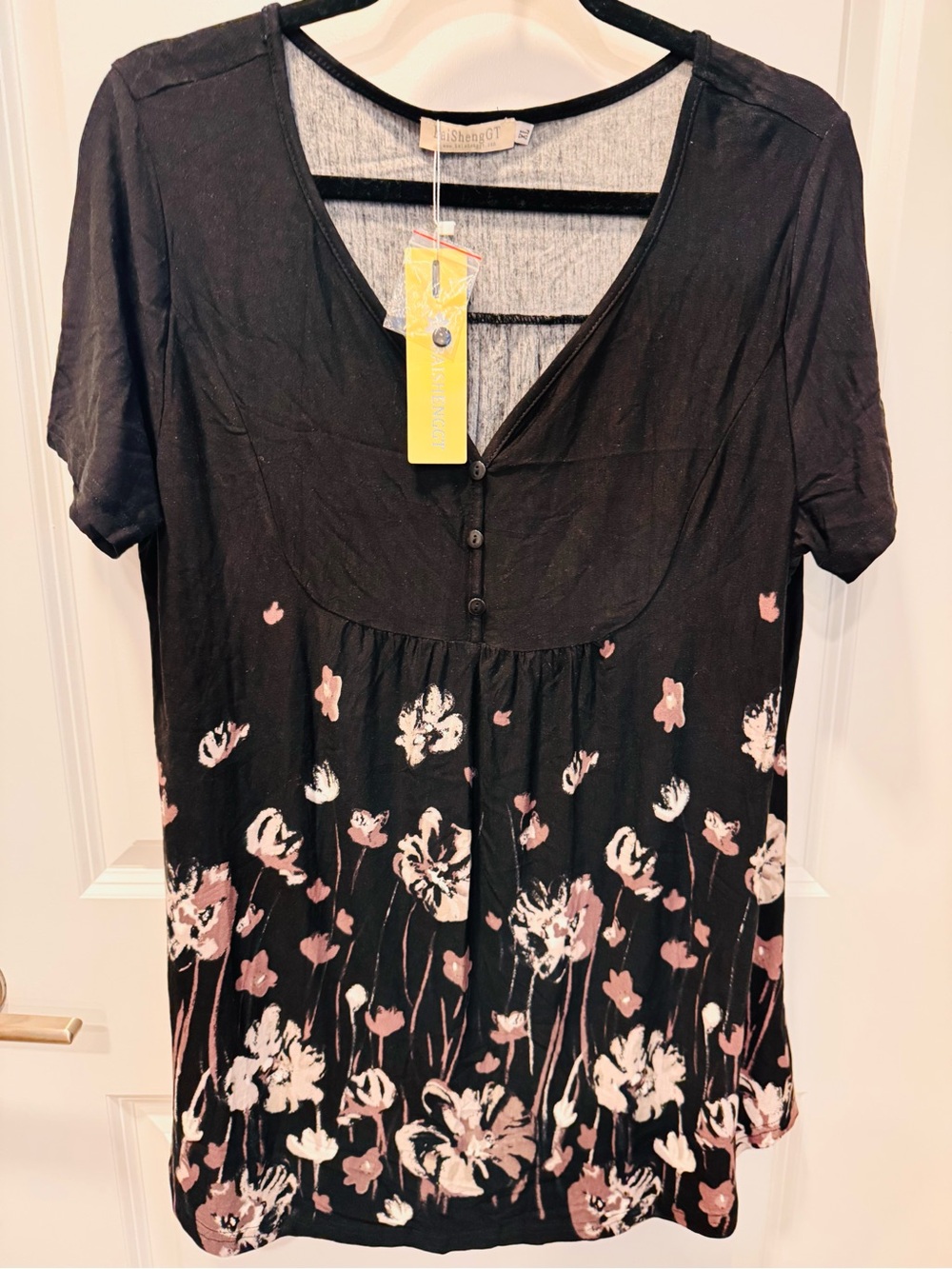 Floral Henley Top - Black with Pink Floral